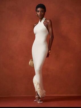 SHEIN Cream Halter Fringe-Trim Maxi Dress